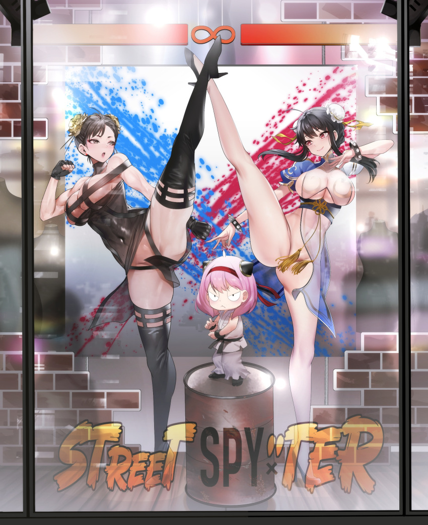 3girls :o absurdres anya_(spy_x_family) bare_legs bare_shoulders black_footwear black_gloves black_hair boots breasts bun_cover chun-li cleavage clenched_hands closed_mouth double_bun fingerless_gloves full_body gloves grey_eyes hair_bun high_heel_boots high_heels high_kick highres kicking large_breasts long_hair looking_at_viewer multiple_girls open_mouth pink_hair red_eyes smile spy_x_family street_fighter teddy_(khanshin) thigh_boots thighs yor_briar