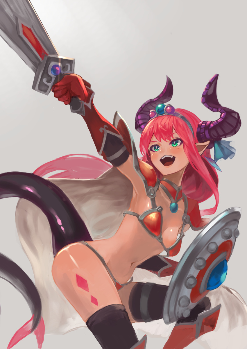 1girl armor armored_boots bikini bikini_armor black_legwear black_thighhighs boots breasts cape elizabeth_bathory_(brave) elizabeth_bathory_(fate) elizabeth_bathory_(fate)_(all) fate/extra fate/extra_ccc fate/grand_order fate_(series) female gauntlets green_eyes high_resolution holding holding_sword holding_weapon horns long_hair looking_at_viewer navel open_mouth pink_hair pointy_ears red_bikini shield simple_background small_breasts swimsuit sword tail takup thighhighs weapon