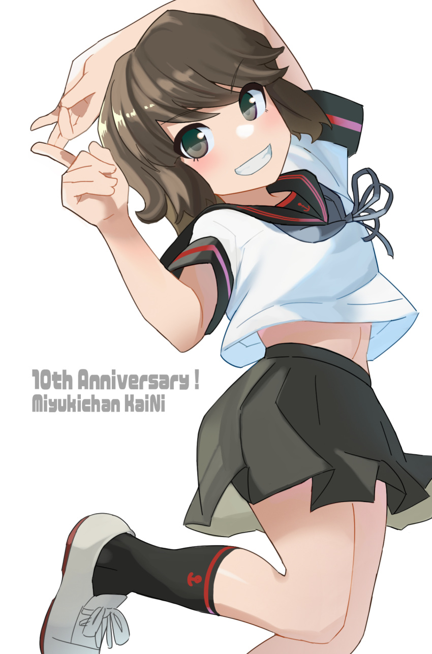 1girl anniversary black_hair black_sailor_collar black_skirt black_socks brown_eyes brown_hair character_name feet_out_of_frame grin highres index_finger_raised kantai_collection kneehighs looking_at_viewer miyuki_(kancolle) miyuki_kai_ni_(kancolle) mizoki_kei pleated_skirt sailor_collar school_uniform serafuku shirt short_hair short_sleeves simple_background skirt smile socks solo white_background white_footwear white_shirt