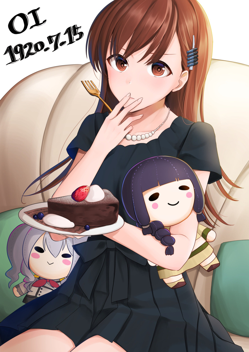 absurdres black_dress brown_eyes brown_hair cake character_doll character_name commentary_request couch cushion dated doll dress food fork fruit hair_ornament hairclip hairpin highres holding holding_fork holding_plate jewelry kantai_collection kashima_(kantai_collection) kitakami_(kantai_collection) looking_at_viewer necklace ooi_(kantai_collection) plate short_sleeves simple_background sitting strawberry white_background yunamaro