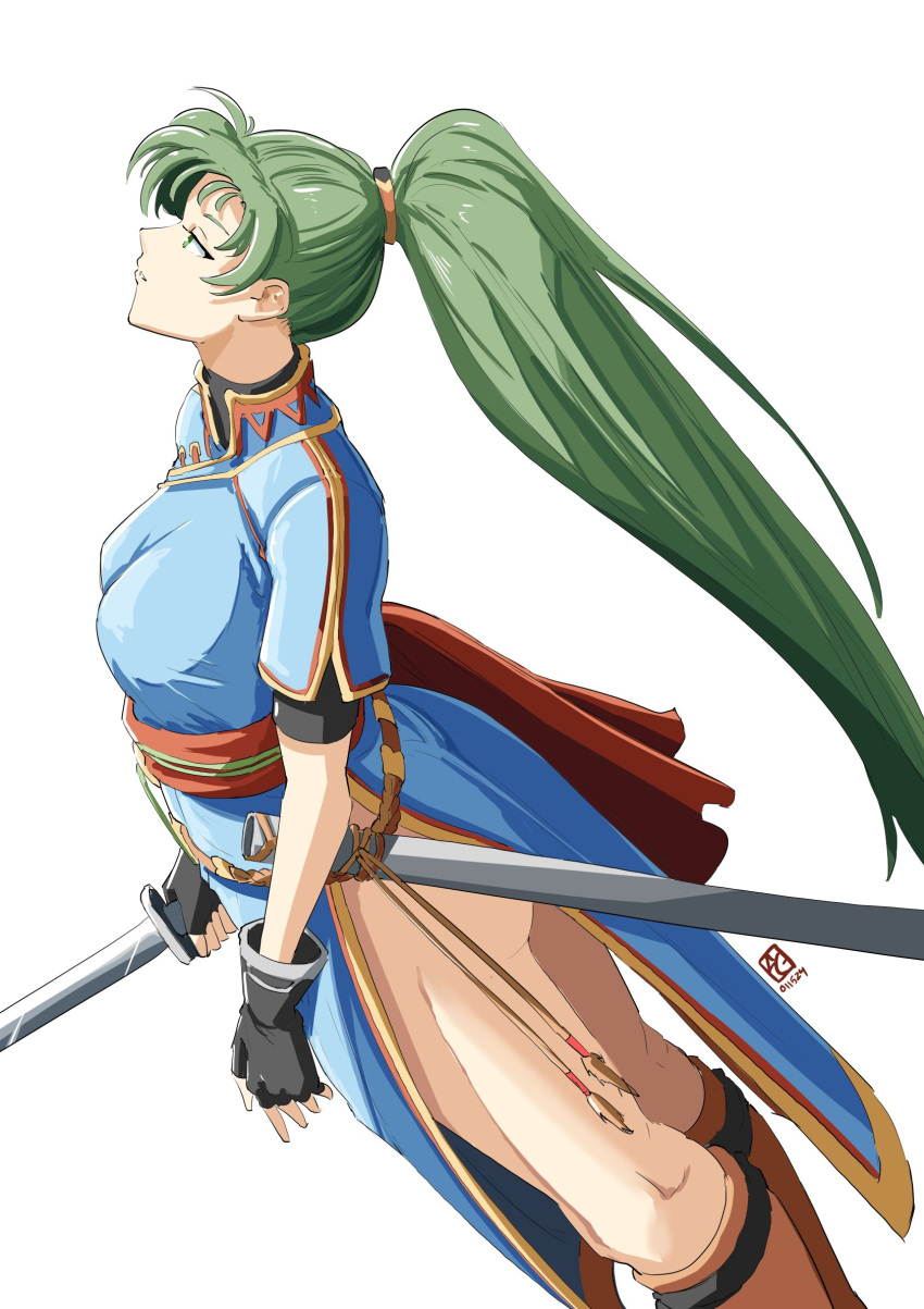 1girl artist_logo ass automatic_giraffe black_gloves blue_dress boots breasts brown_footwear dated dress dutch_angle fingerless_gloves fire_emblem fire_emblem:_the_blazing_blade gloves green_eyes green_hair highres holding holding_sword holding_weapon long_hair looking_up lyn_(fire_emblem) pelvic_curtain ponytail sheath simple_background solo sword weapon white_background