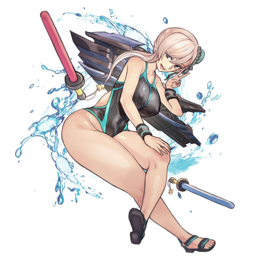 1girl bare_shoulders black_one-piece_swimsuit blue_eyes blue_one-piece_swimsuit breasts bun_cover cleavage collarbone dynamitenatalia fate/grand_order fate_(series) full_body hair_bun hair_ribbon highleg highleg_swimsuit highres jet_ski large_breasts long_hair looking_at_viewer miyamoto_musashi_(fate) miyamoto_musashi_(swimsuit_berserker)_(fate) miyamoto_musashi_(swimsuit_berserker)_(first_ascension)_(fate) one-piece_swimsuit open_mouth pink_hair ribbon sandals single_side_bun smile solo swept_bangs swimsuit toy_sword two-tone_swimsuit water