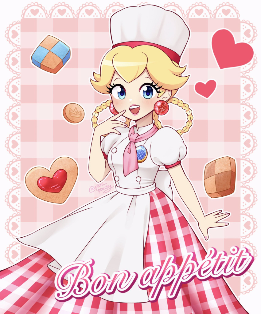 1girl apron blonde_hair blue_eyes braided_hair_rings brooch chef_hat cookie earrings finger_to_mouth food french_text hat heart highres jewelry looking_at_viewer mario_(series) official_alternate_costume official_alternate_hairstyle open_mouth patissiere_peach pichi_peachy pink_background pink_skirt plaid plaid_background plaid_skirt princess_peach princess_peach:_showtime! puffy_short_sleeves puffy_sleeves shirt short_sleeves skirt solo sphere_earrings teeth upper_teeth_only white_apron white_headwear white_shirt