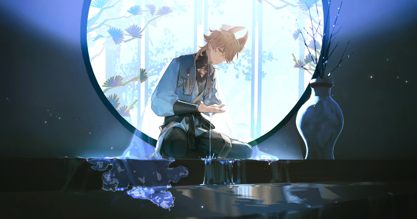 1boy absurdres animal_ear_fluff animal_ears black_pants black_shirt blonde_hair blue_jacket brown_eyes cape character_request chinese_commentary circle collared_shirt crescent cupping_hands dark_background ensemble_stars! fox_ears gold_trim highres jacket jewelry light_particles long_sleeves looking_at_viewer male_focus medium_hair own_hands_together pants parted_lips pendant pouring purple_cape reflection reflective_water ririo see-through_cape shirt short_hair sitting solo tassel vase water window