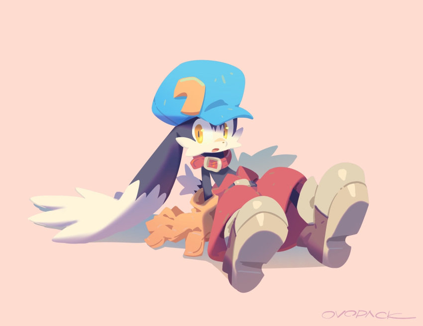 1boy :o animal_ears arm_support artist_name baseball_cap belt blue_headwear brown_gloves collar commentary from_side full_body furry furry_male gloves hat highres kaze_no_klonoa klonoa looking_to_the_side male_focus murayama_ryouta no_lineart open_mouth pants pink_background reclining red_collar red_pants shoes signature simple_background sitting slit_pupils solo very_long_ears white_footwear wide-eyed yellow_eyes