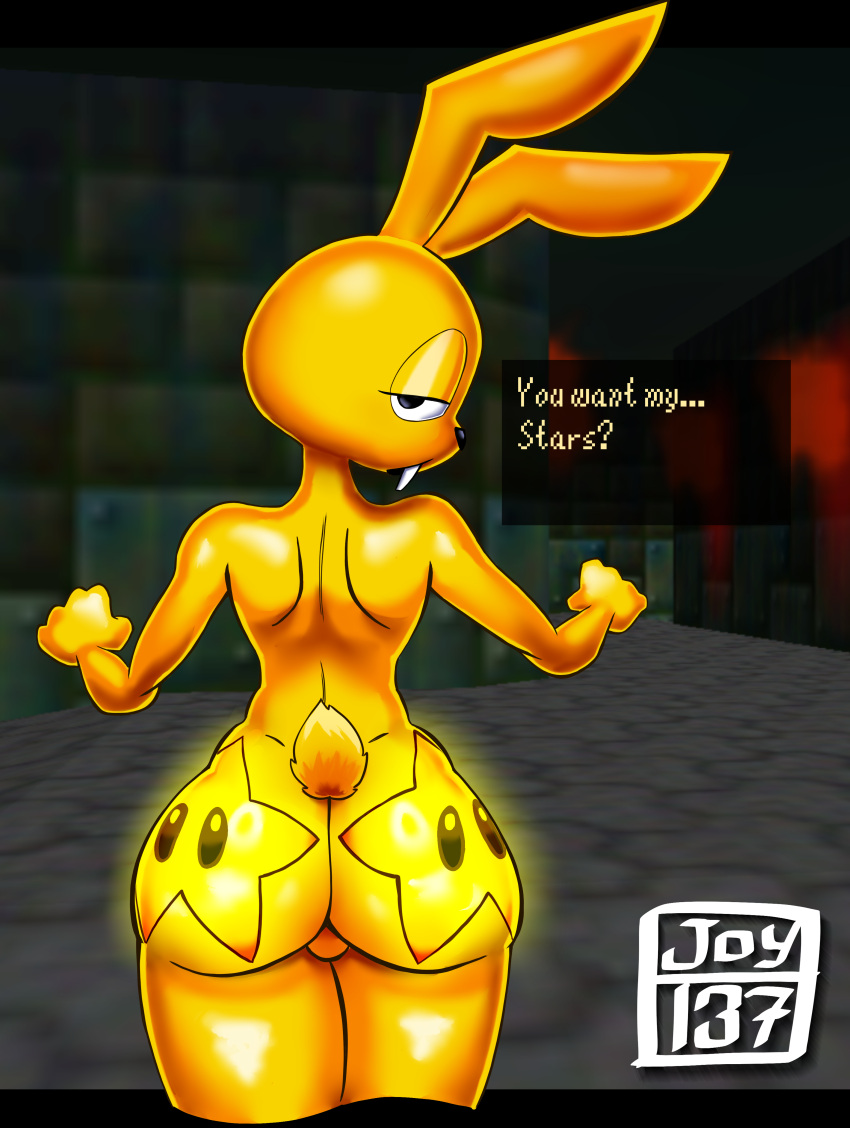 absurd_res anthro big_butt bodypaint buckteeth bulge_from_behind butt butt_focus dialogue_box fur glistening glistening_body hi_res joy137 lagomorph leporid long_ears looking_at_viewer looking_back male mammal mario_bros mips narrowed_eyes nintendo rabbit simple_background small_waist solo solo_focus teeth text yellow_body yellow_fur