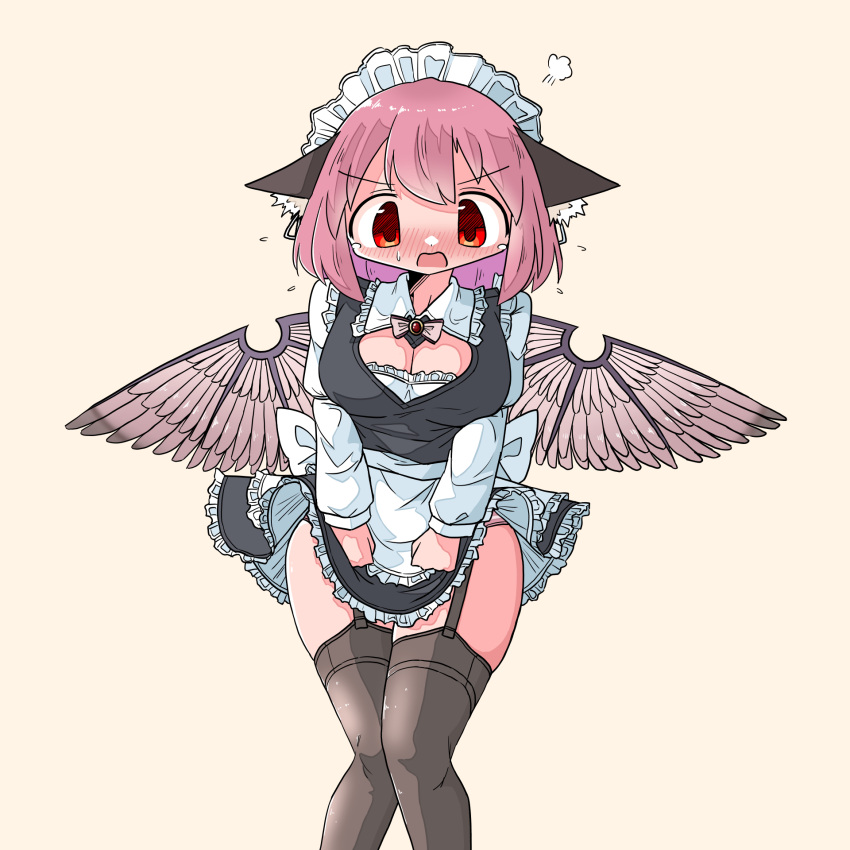 1girl alternate_costume animal_ears apron bird_ears bird_wings black_dress black_thighhighs blush breasts brown_wings cleavage collared_shirt commission dress enmaided feathered_wings feet_out_of_frame frilled_apron frilled_dress frilled_shirt_collar frills garter_straps highres kasuya_baian large_breasts long_sleeves maid maid_apron maid_headdress mystia_lorelei open_mouth pink_hair pixiv_commission red_eyes shirt short_hair solo thighhighs touhou waist_apron white_apron white_shirt wings yellow_background