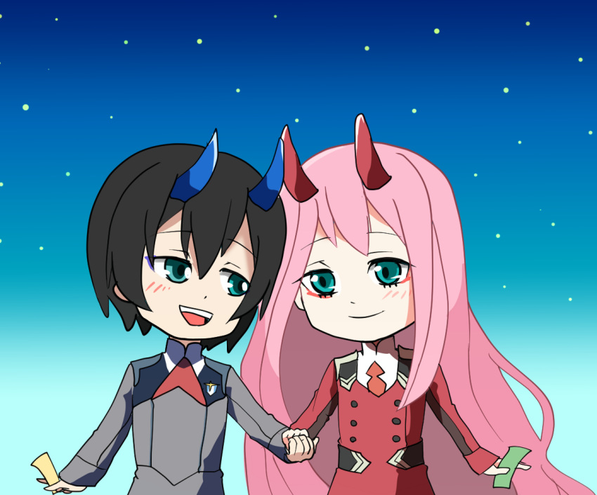 1girl bangs black_hair blue_eyes blue_horns blush commentary_request couple darling_in_the_franxx eyebrows_visible_through_hair green_eyes hair_ornament hairband hetero hinahina_283 hiro_(darling_in_the_franxx) holding_hands horns long_hair long_sleeves looking_at_another military military_uniform necktie night night_sky oni_horns orange_neckwear pink_hair red_horns red_neckwear sky star star_(sky) starry_sky tanabata uniform white_hairband zero_two_(darling_in_the_franxx)