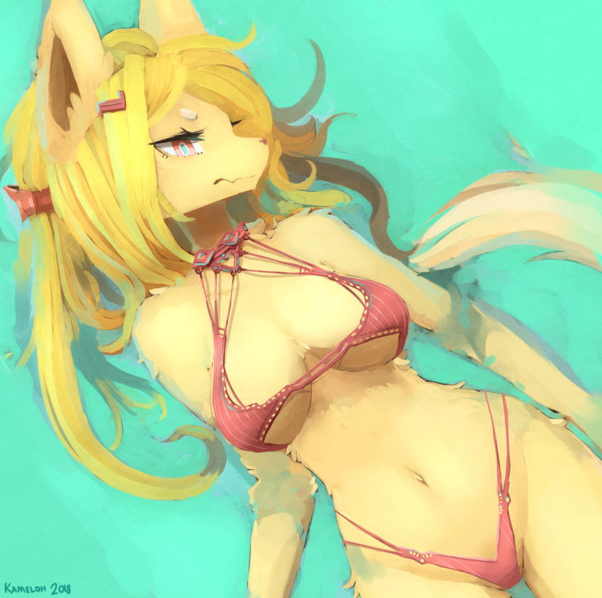 2018 anthro bikini blonde_hair breasts cat clothed clothing digital_media_(artwork) feline female fur hair kameloh mammal orange_eyes solo swimsuit yellow_fur