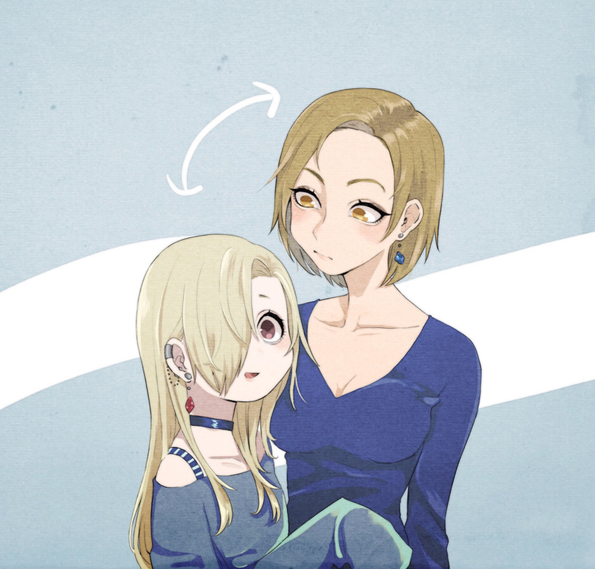 age_difference alternate_costume alternate_hairstyle blonde_hair blue_background blue_shirt breasts choker cleavage collarbone commentary_request directional_arrow drop_earrings ear_clip eyelashes hair_over_one_eye hairstyle_switch height_difference highres idolmaster idolmaster_cinderella_girls long_hair looking_at_another looking_at_viewer matsunaga_ryou multiple_girls norota off-shoulder_shirt red_eyes shirasaka_koume shirt sleeves_past_fingers sleeves_past_wrists spaghetti_strap upper_body v-neck yellow_eyes