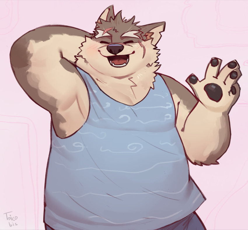 absurd_res anthro blush canid canine canis clothing domestic_dog eyebrows fur gesture grey_body grey_fur hi_res lifewonders male mammal moritaka pawpads scar shirt slightly_chubby smile solo tank_top thick_eyebrows toicobis tokyo_afterschool_summoners topwear waving