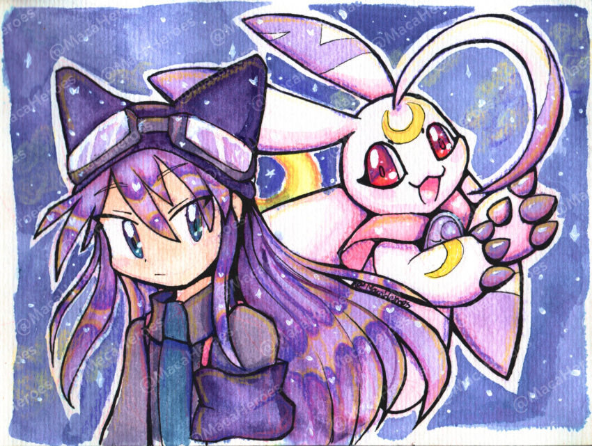 1girl black_eyes black_jacket crescent digimon_story:_sunburst_and_moonlight goggles goggles_on_head highres jacket lunamon macaheroes purple_hair red_eyes sayo_(digimon) traditional_media twitter_username watermark