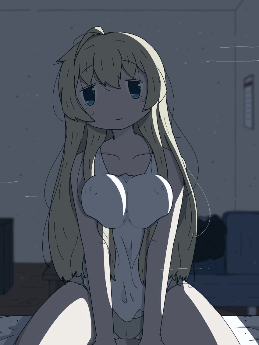 1girl ahoge blonde_hair blue_eyes breasts breasts_squeezed_together cameltoe closed_mouth commentary covered_nipples cowboy_shot english_commentary highres indoors large_breasts long_hair looking_at_viewer paid_reward_available panties parisetya pov shoujo_shuumatsu_ryokou sitting smile solo_focus underwear very_long_hair yuuri_(shoujo_shuumatsu_ryokou)