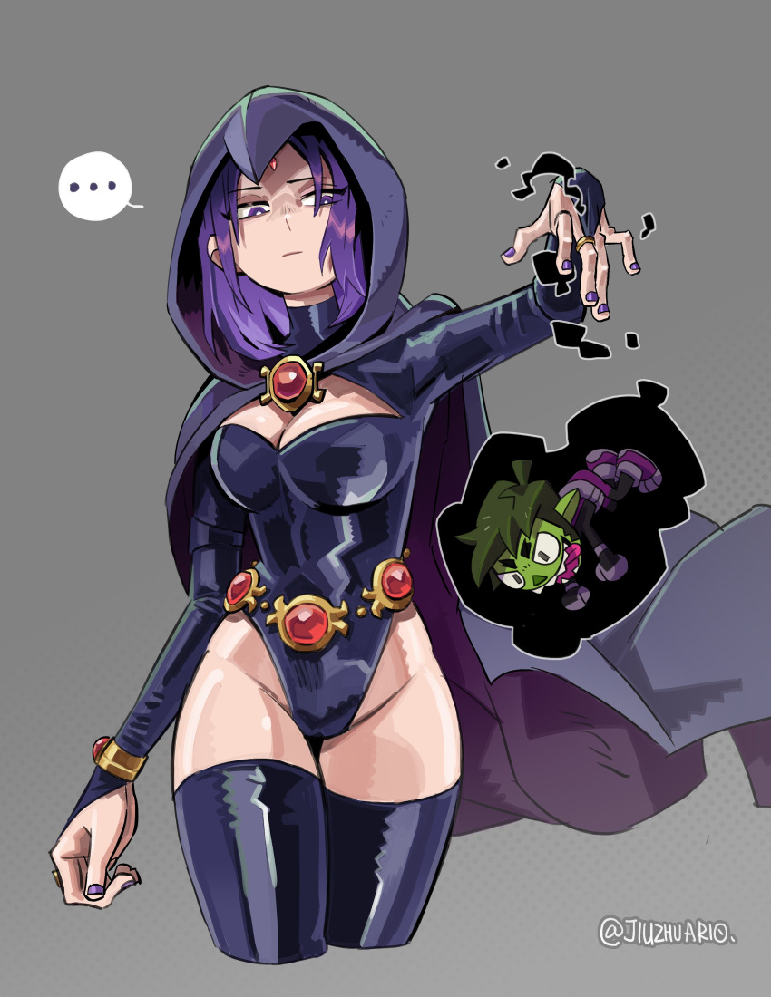 ... 1girl absurdres artist_name beast_boy_(dc) black_leotard black_thighhighs breasts cameltoe cropped_legs forehead_jewel grey_background groin highres jiuzhua-rio leotard medium_hair nail_polish purple_eyes purple_hair purple_nails raven_(dc) shiny_skin solo speech_bubble teen_titans_go! thighhighs