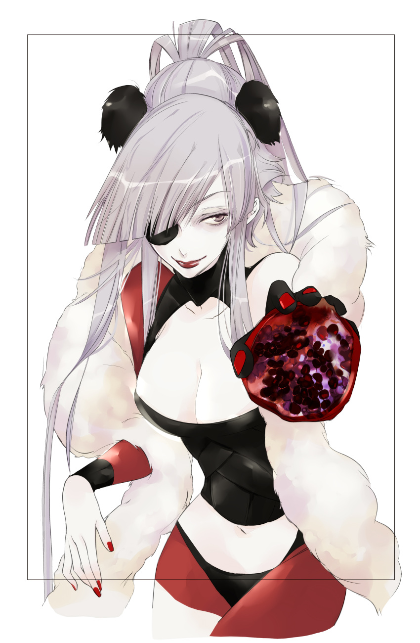 1girl absurdres animal_ears black_shirt breasts cleavage colored_skin eyepatch eyeshadow feather_boa food fruit grey_hair highres holding holding_food holding_fruit inga lipstick long_hair makeup panda_ears pomegranate red_lips red_nails red_shorts shirt shorts simple_background smile solo un-go white_background white_skin yyuunn