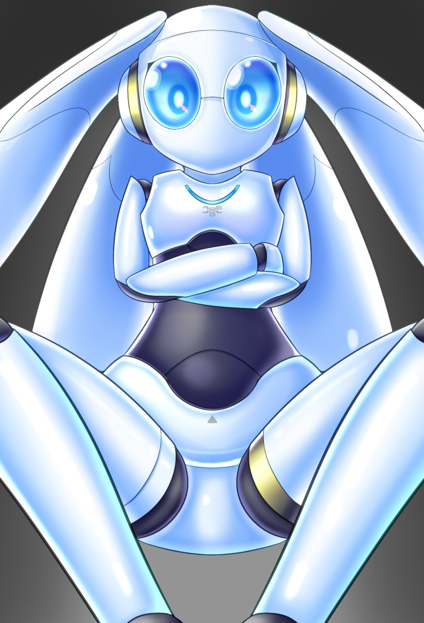 blue_eyes colored_skin crossed_arms disney drossel_von_flugel fireball_(series) highres humanoid_robot joints looking_at_viewer no_humans no_mouth robot robot_girl robot_joints shiny_skin simple_background solo spread_legs squatting user_pxys7455 white_background white_skin
