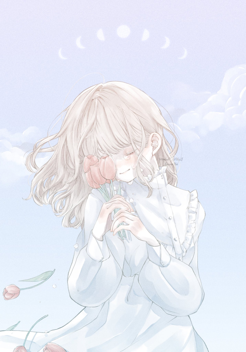1girl artist_name blonde_hair buttons closed_eyes closed_mouth cloud covering_one_eye crescent dress facing_viewer falling_flower flower frilled_shirt_collar frills head_tilt highres holding holding_flower kitazawa_yuri long_hair long_sleeves moon moon_phases original red_flower red_tulip sky solo tearing_up tulip twitter_username upper_body watermark white_dress