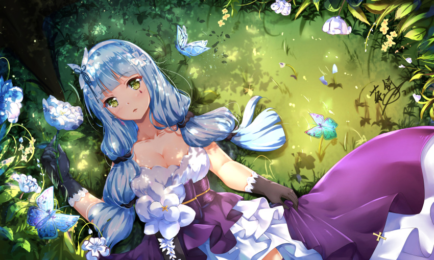 animal bangs bare_shoulders black_gloves black_scrunchie blue_hair blush breasts bug butterfly chahei cleavage closed_mouth collarbone commentary_request dated day dress dutch_angle earrings eyebrows_visible_through_hair facial_mark flower girls_frontline gloves green_eyes hair_ornament hair_scrunchie hand_up highres hk416_(girls_frontline) holding holding_flower insect jewelry long_hair looking_at_viewer lying medium_breasts on_back outdoors purple_dress roots sash scrunchie signature solo strapless strapless_dress very_long_hair white_flower yellow_flower