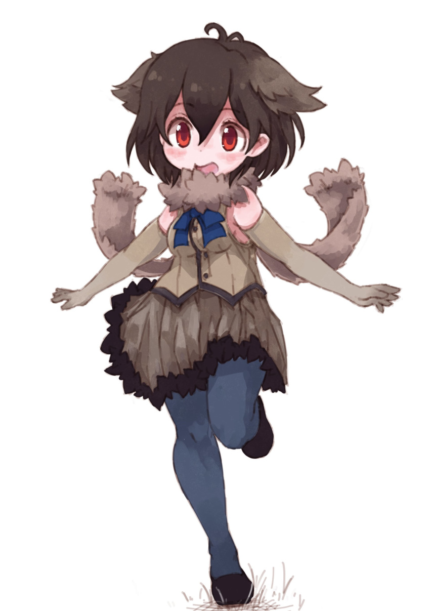 absurdres bare_shoulders bird_wings blue_legwear blue_neckwear brown_hair commentary_request elbow_gloves emu_(kemono_friends) eyebrows_visible_through_hair flats frilled_skirt frills fur_collar gloves head_wings highres kemono_friends kolshica neck_ribbon pantyhose pleated_skirt red_eyes ribbon running scarf short_hair simple_background skirt sleeveless solo white_background wings