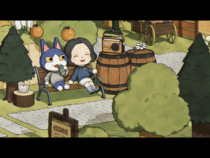 1boy 1girl :3 :d ^_^ animal_crossing barrel bench black_hair blue_socks blue_sweater blurry blurry_background blush can cart cat_boy closed_eyes commentary_request day fence flower food forehead fruit furry furry_male grass grey_sweater highres holding holding_can kaji_(oni_atat) letterboxed long_sleeves on_bench open_mouth orange_(fruit) outdoors parted_bangs pencil_skirt pine_tree pullcart radio sandals shadow short_hair sign sitting sitting_on_bench skirt smile socks stone_walkway sweater tom_(animal_crossing) tree tree_stump villager_(animal_crossing) white_flower white_footwear white_skirt wooden_fence yellow_eyes