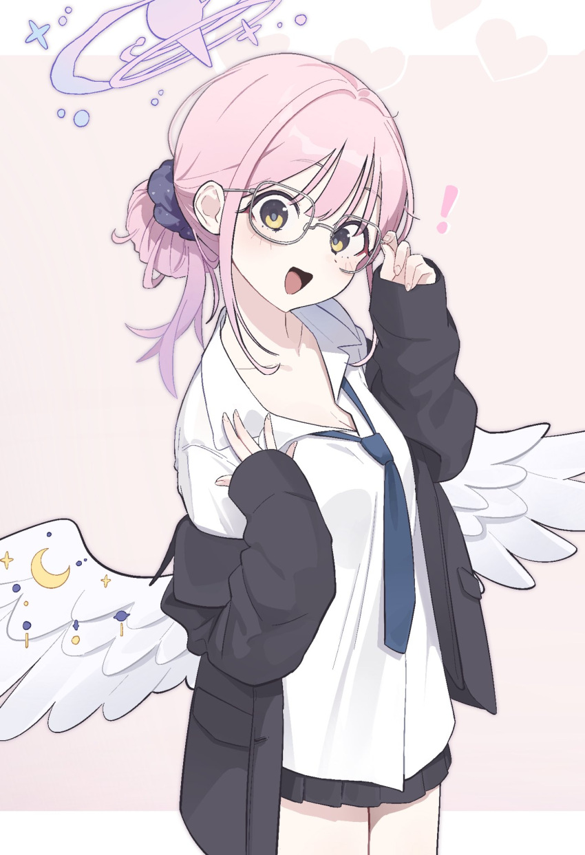 ! 1girl alternate_hairstyle angel_wings bespectacled black_jacket black_skirt blue_archive blue_necktie blush breasts collared_shirt cowboy_shot crescent crescent_pin feathered_wings glasses halo highres jacket kekek long_hair long_sleeves medium_breasts mika_(blue_archive) necktie open_clothes open_jacket open_mouth pink_hair pink_halo pleated_skirt shirt skirt solo white_shirt white_wings wings yellow_eyes