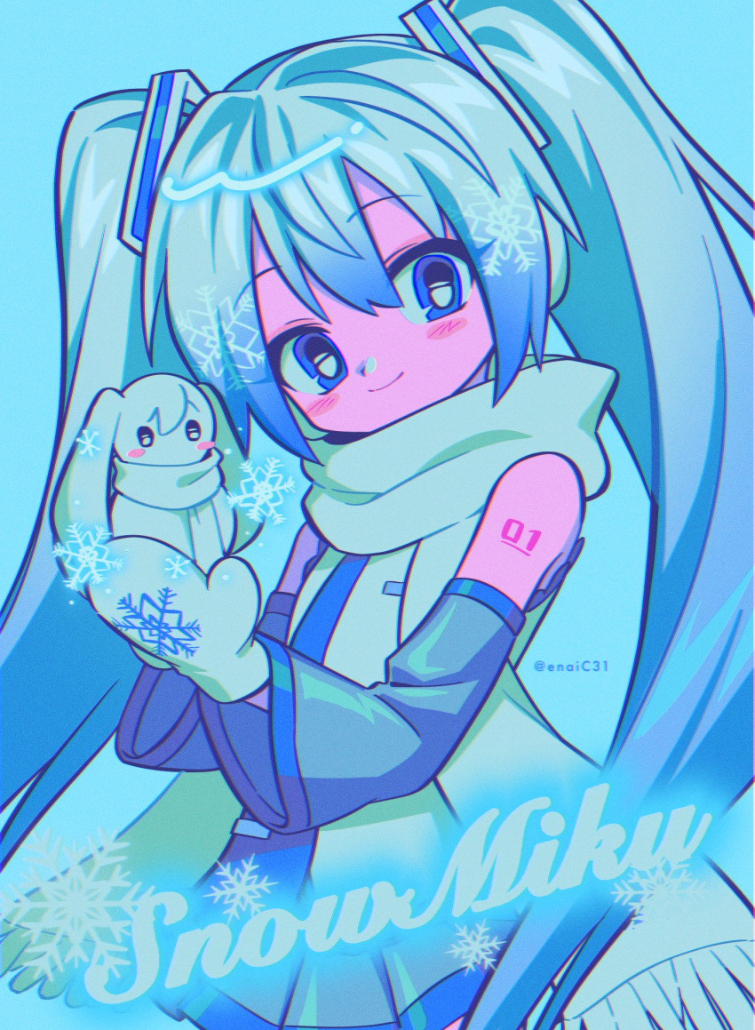 39 aqua_hair blue_background blue_eyes blue_hair blue_necktie crypton_future_media gloves hatsune_miku highres long_hair menma_(enaic31) necktie piapro rabbit snowflake_ornament snowflake_print snowflakes twintails very_long_hair vocaloid yuki_miku