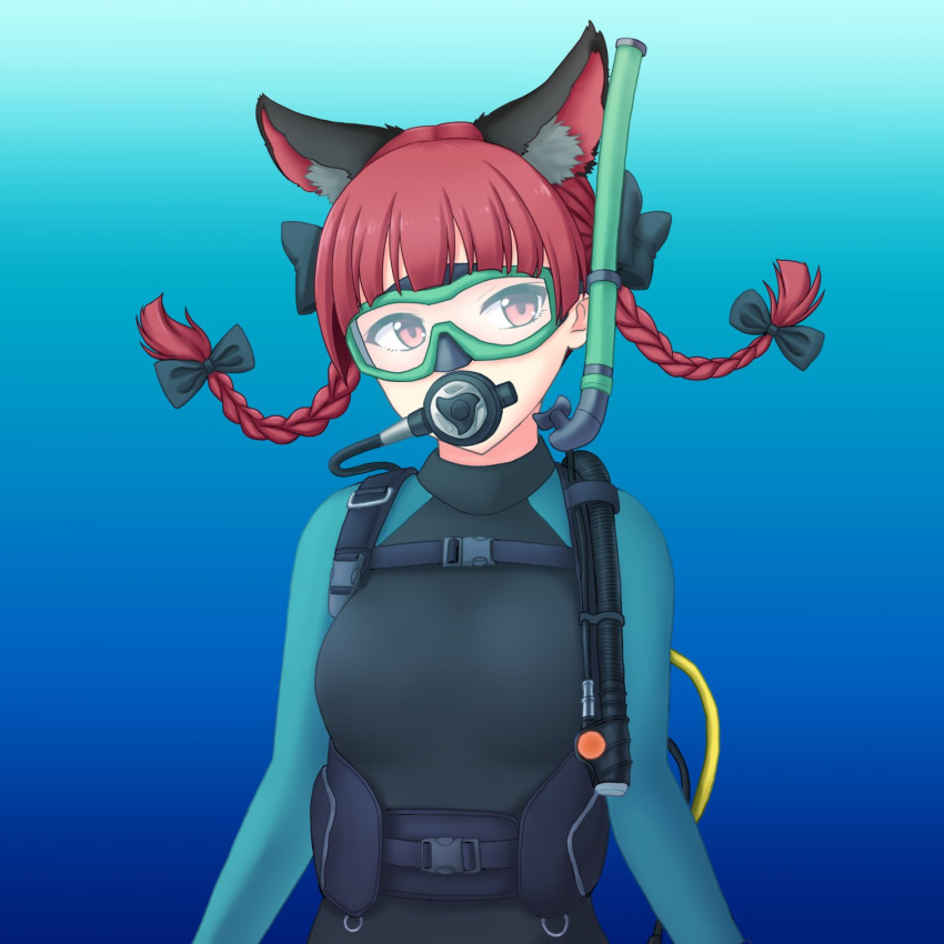 animal_ears black_wetsuit bodysuit bow braid cat_ears diving diving_mask diving_regulator diving_suit goggles hair_bow highres hose isaki_(gomi) kaenbyou_rin red_eyes red_hair scuba scuba_gear simple_background snorkel strap submerged touhou twin_braids two-tone_bodysuit underwater wetsuit