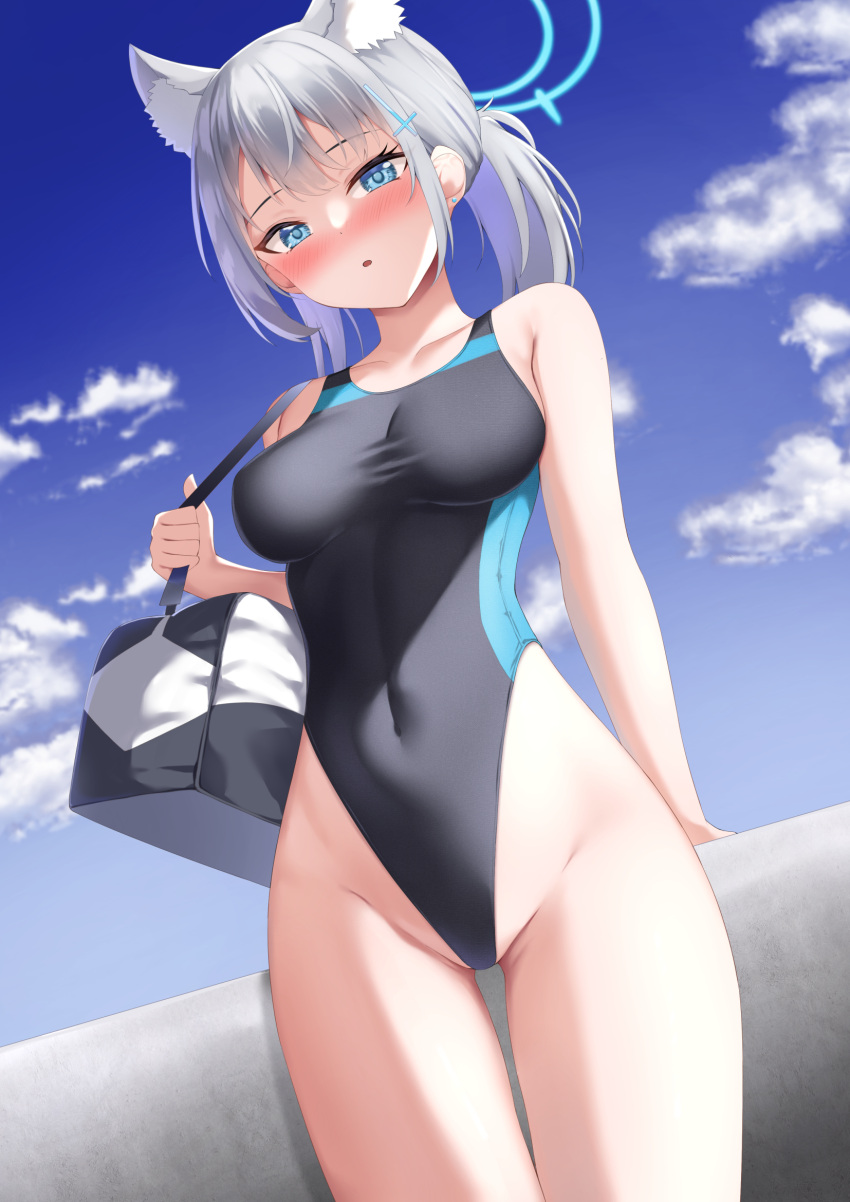 1girl :o animal_ears arm_behind_back bare_shoulders black_one-piece_swimsuit blue_archive blue_eyes blue_halo blush breasts carrying_bag carrying_over_shoulder cross_hair_ornament day earrings from_below groin hair_ornament halo highres hip_focus jewelry long_hair looking_at_viewer looking_down medium_breasts one-piece_swimsuit outdoors ponytail shiroko_(blue_archive) shiroko_(swimsuit)_(blue_archive) skin_tight solo staring swimsuit tatsumiya_kagari white_hair