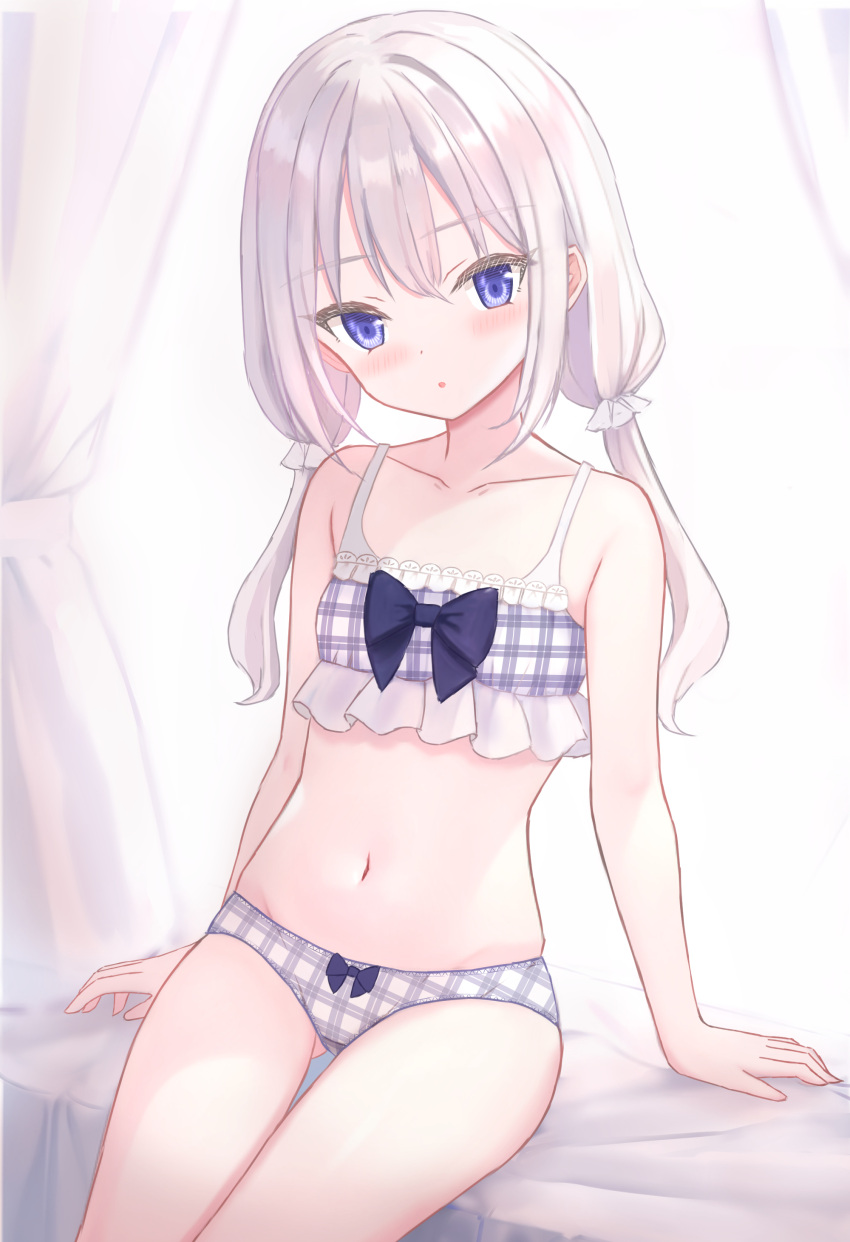 1girl absurdres bed blue_eyes bow bow_bra bow_panties bra commentary crotch_seam curtains flat_chest frilled_bra frills grey_bra grey_panties groin hair_ornament hair_scrunchie highres long_hair looking_at_viewer low_twintails navel on_bed original panties parted_lips plaid plaid_bra plaid_panties scrunchie shooko sitting solo thigh_gap training_bra twintails underwear underwear_only white_hair white_scrunchie