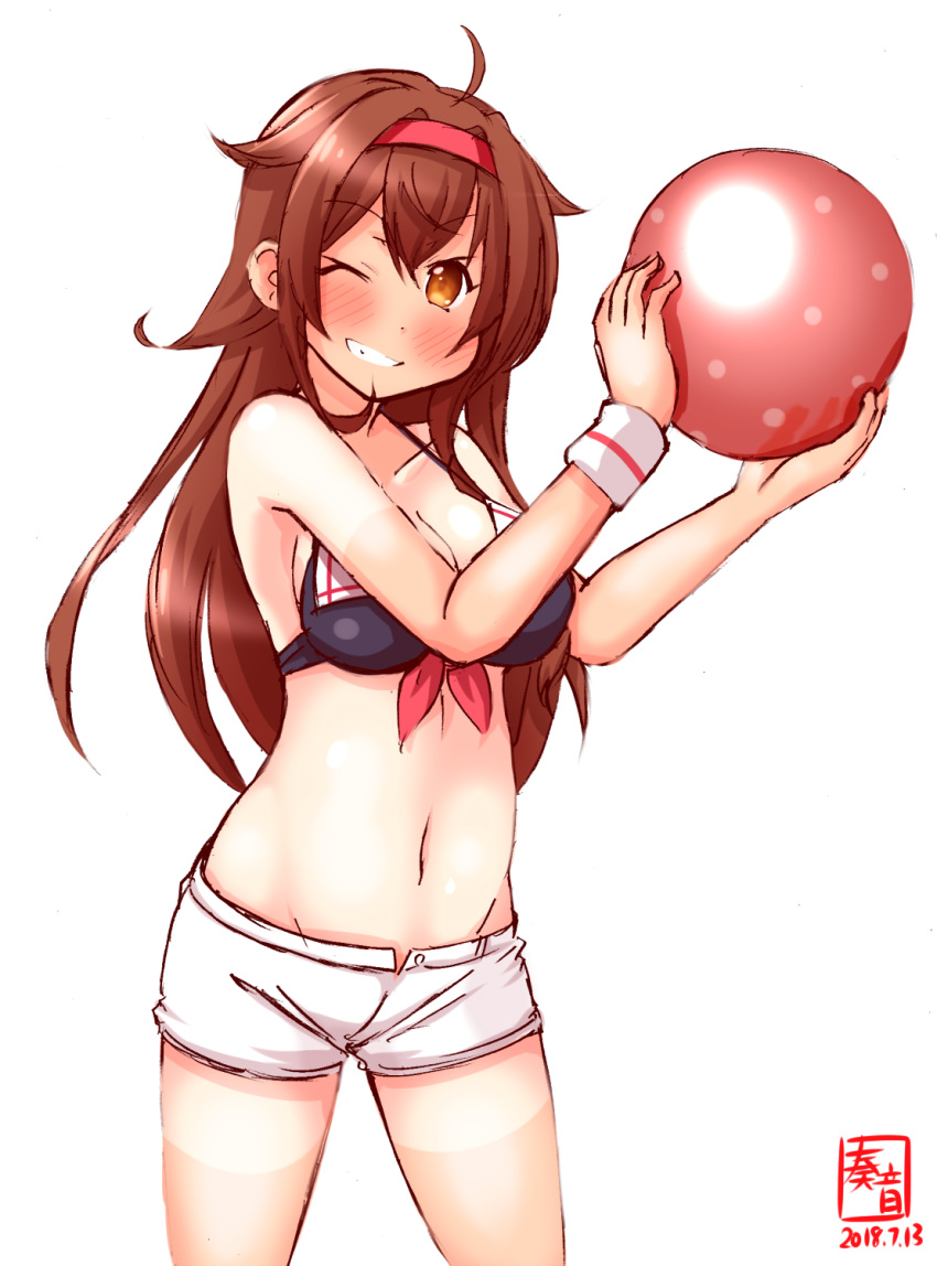 ahoge artist_logo ball beachball bikini black_bikini black_bikini_top breasts brown_eyes brown_hair cleavage collarbone commentary_request cowboy_shot dated eyebrows_visible_through_hair front-tie_top grin groin hair_between_eyes hair_flaps hairband highres kanon_(kurogane_knights) kantai_collection long_hair looking_at_viewer navel one_eye_closed red_hairband remodel_(kantai_collection) shiratsuyu_(kantai_collection) short_shorts shorts simple_background smile solo swimsuit tan tanline teeth white_background white_shorts wristband