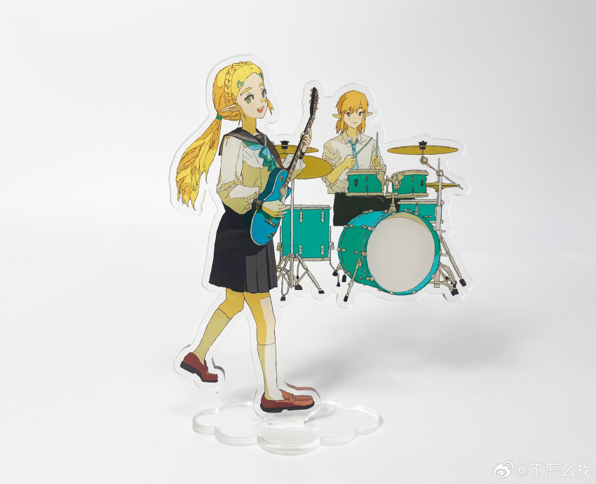 :d absurdres acrylic_stand aqua_neckerchief aqua_necktie black_sailor_collar black_skirt blonde_hair bo_oj0916 braid brown_footwear chinese_commentary closed_mouth collared_shirt crown_braid cymbals drum drumsticks electric_guitar guitar hi-hat highres holding holding_drumsticks instrument link loafers long_hair long_sleeves looking_at_another medium_hair music neckerchief necktie open_mouth photo_(medium) playing_instrument pleated_skirt pointy_ears ponytail princess_zelda sailor_collar school_uniform serafuku shirt shoes sitting skirt smile standing teeth the_legend_of_zelda the_legend_of_zelda:_tears_of_the_kingdom upper_teeth_only weibo_logo weibo_username white_background white_serafuku white_shirt