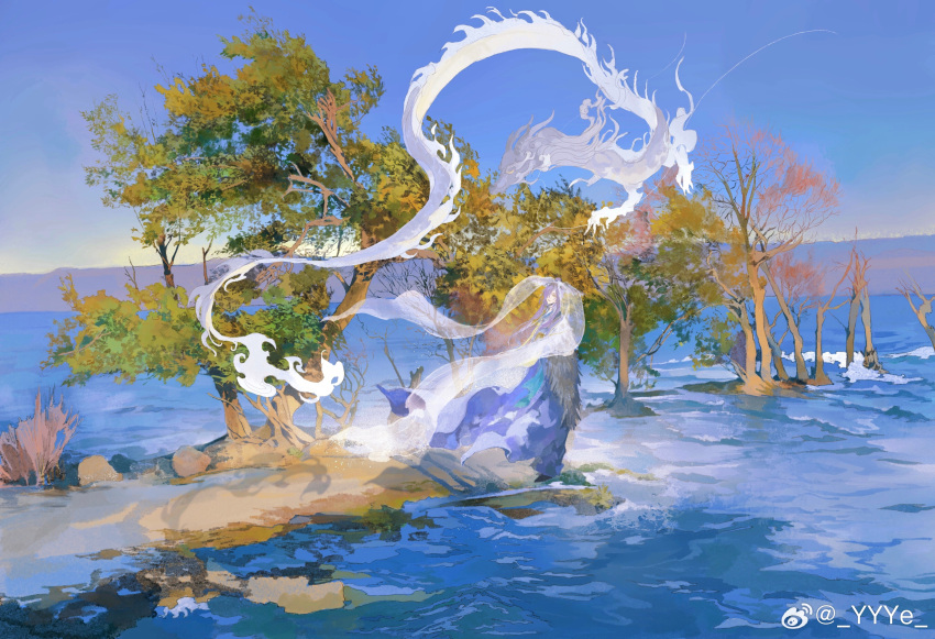 1other absurdres androgynous blue_cloak blue_sky chinese_commentary clear_sky cloak day dragon eastern_dragon from_side highres long_hair mountainous_horizon ocean original outdoors purple_hair rock scenery sky smoke tree water weibo_logo weibo_username wide_shot wind ye_(ran_chiiipye)