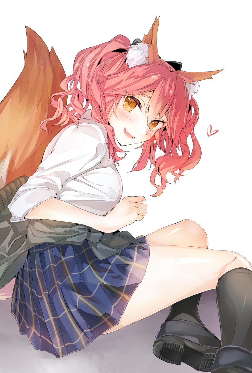 animal_ear_fluff animal_ears black_legwear black_ribbon blush breasts clothes_around_waist commentary_request fangs fate/extella fate/extra fate/grand_order fate_(series) fox_ears fox_tail hair_ribbon heart heart-shaped_pupils highres jacket_around_waist kneehighs long_hair looking_at_viewer medium_breasts open_mouth parted_lips pink_hair plaid plaid_skirt ribbon school_uniform shirt shoes sitting skirt smile solo symbol-shaped_pupils tail tamamo_(fate)_(all) tamamo_jk_(fate) tomozero twintails white_shirt yellow_eyes yokozuwari