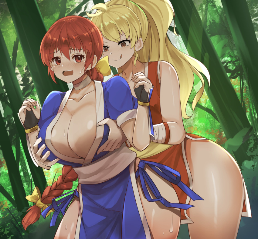 blonde_hair blue_dress breasts cleavage dead_or_alive dress final_fight genryuusai_maki grabbing grabbing_another's_breast groping highres kasumi_(doa) large_breasts non-web_source orein pelvic_curtain red_dress thighs