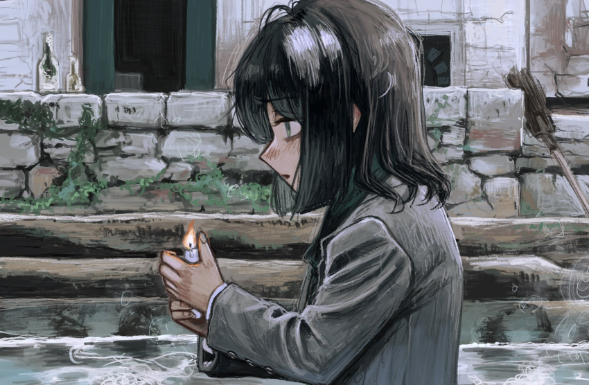 1girl black_hair bottle broom candle fire green_eyes grey_jacket highres holding holding_candle jacket long_sleeves looking_afar makai_(67makai) original outdoors parted_lips profile short_hair sidelocks sideways_mouth solo