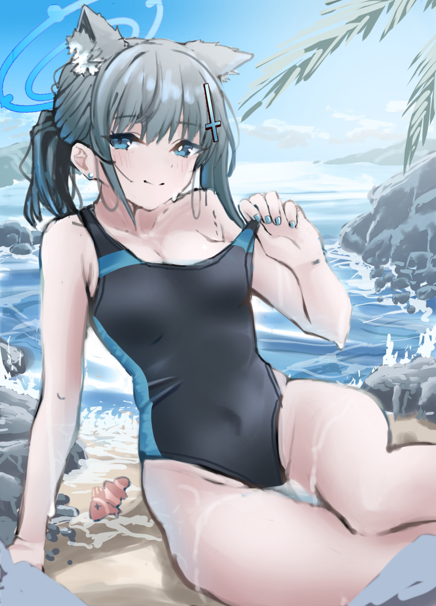 1girl absurdres animal_ear_fluff animal_ears black_one-piece_swimsuit blue_archive blue_eyes blue_sky breasts cloud clownfish competition_swimsuit covered_navel cross_hair_ornament day extra_ears feet_out_of_frame fish grey_hair hair_ornament halo highres looking_at_viewer low_ponytail medium_breasts medium_hair mismatched_pupils multicolored_clothes multicolored_swimsuit official_alternate_costume one-piece_swimsuit outdoors rock shiroko_(blue_archive) shiroko_(swimsuit)_(blue_archive) sky smile swimsuit water wolf_ears zume_(izume_m02)