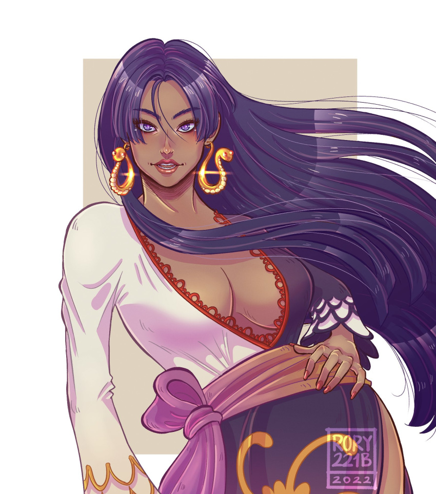 1girl black_hair boa_hancock breasts cleavage dated dress earrings english_commentary frilled_dress frills highres hime_cut jewelry long_hair looking_at_viewer one_piece one_piece:_stampede purple_sash rory221b sash simple_background snake_earrings solo upper_body watermark