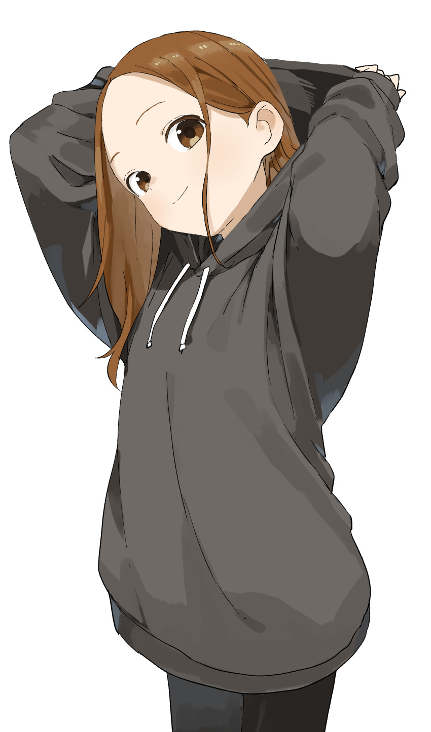 1girl absurdres arms_up black_hoodie black_pantyhose brown_eyes brown_hair closed_mouth commentary_request drawstring forehead head_tilt highres hood hood_down hoodie karakai_jouzu_no_takagi-san long_hair long_sleeves looking_at_viewer pantyhose parted_bangs puffy_long_sleeves puffy_sleeves simple_background sleeves_past_wrists smile solo standing takagi-san white_background yamamoto_souichirou