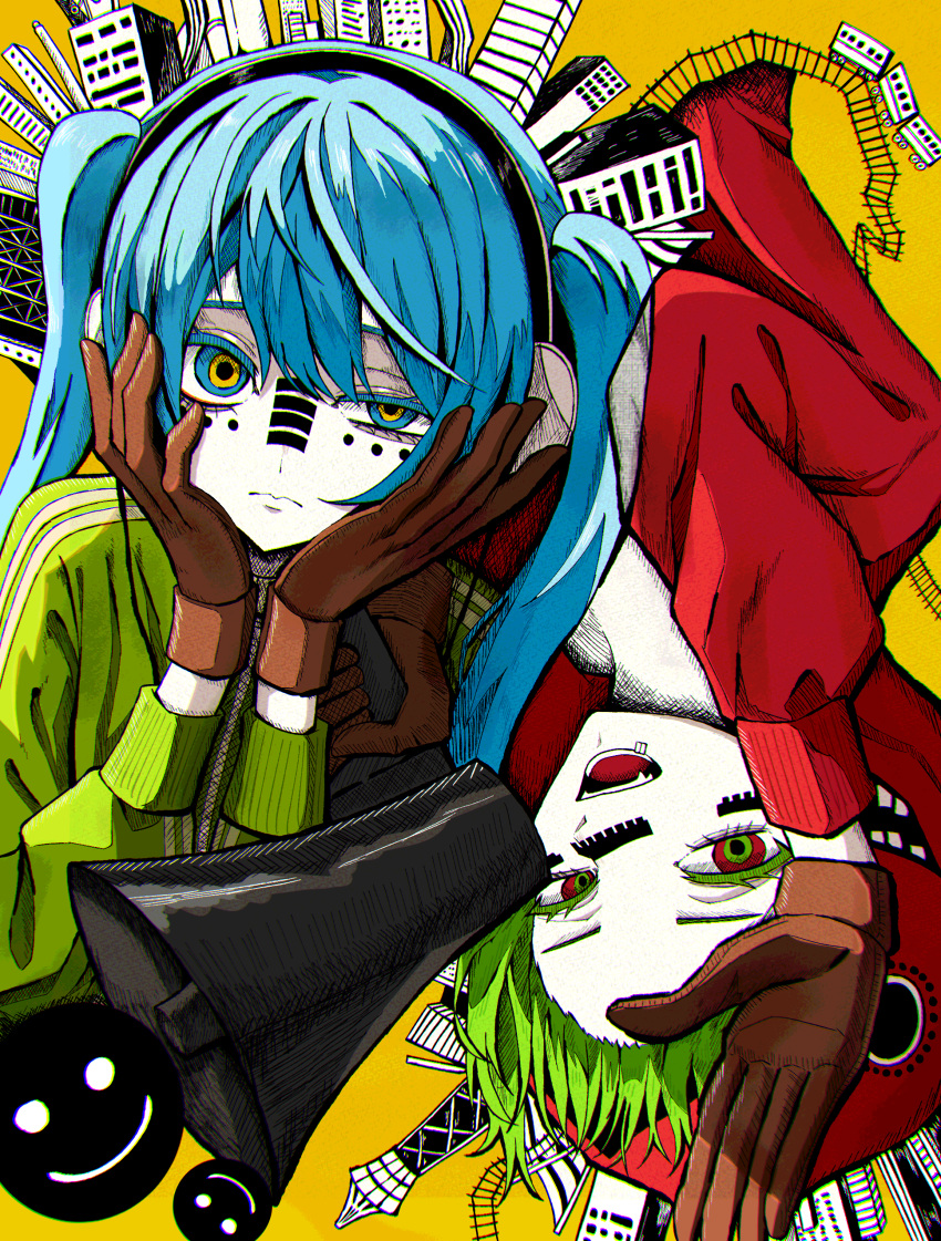 2girls absurdres aqua_eyes aqua_hair black_headphones brown_gloves closed_mouth colored_eyelashes colored_skin commentary facial_mark fang gloves green_hair green_hoodie gumi hair_between_eyes hand_up hands_on_own_face hatsune_miku headphones highres holding holding_megaphone hood hood_down hood_up hoodie long_hair long_sleeves matryoshka_(vocaloid) megaphone multiple_girls open_mouth red_eyes red_hoodie short_hair smiley_face takayou twintails uneven_eyes upside-down vocaloid white_headphones white_skin yellow_background
