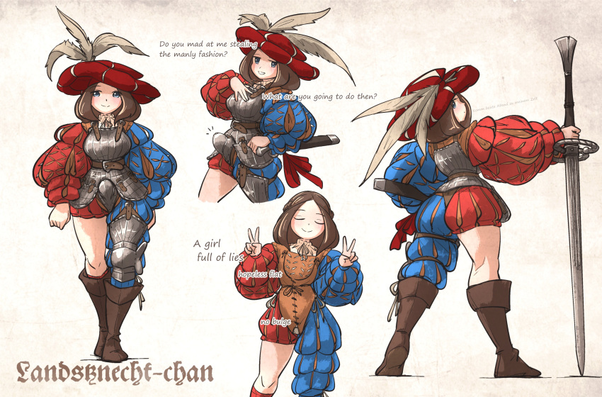 1girl absurdres armor asymmetrical_legwear blue_eyes boobplate boots breastplate brown_footwear brown_hair codpiece double_v english_text faulds hat highres holding holding_sword holding_weapon ironlily landsknecht landsknecht_(ironlily) long_sleeves medium_hair original puff_and_slash_sleeves puffy_long_sleeves puffy_sleeves smile solo sword v weapon