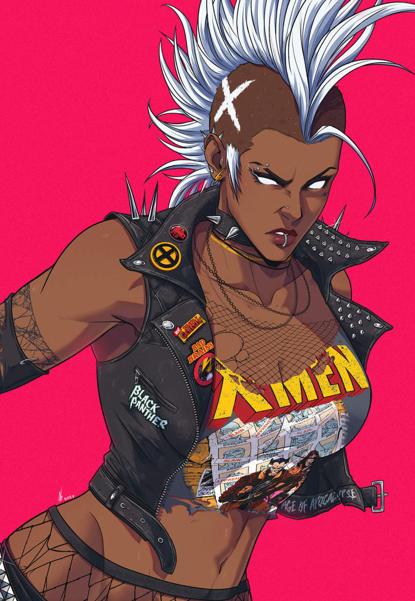 1girl artist_name black_choker black_jacket breasts choker cleavage comic_cover dark-skinned_female dark_skin ear_piercing english_text highres jacket jhony_caballero lip_piercing lip_ring marvel mohawk navel piercing red_background see-through see-through_cleavage storm_(x-men) superhero western_comics_(style) white_eyes white_hair x-men