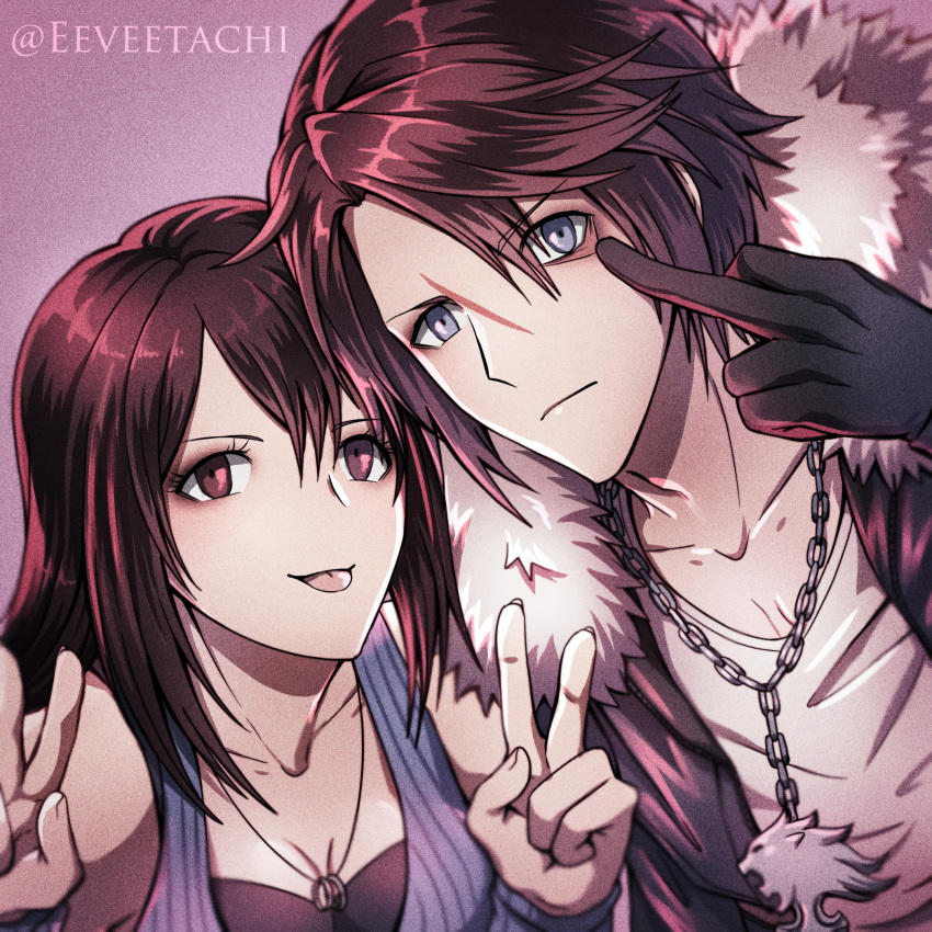 1boy 1girl black_gloves black_jacket black_shirt blue_eyes blue_vest breasts brown_eyes brown_hair chain_necklace cleavage commentary detached_sleeves double_v eeveetachi english_commentary expressionless eyelid_pull final_fantasy final_fantasy_viii fur-trimmed_jacket fur_trim gloves hand_up hands_up heads_together highres jacket jewelry long_hair making_faces middle_finger necklace open_clothes open_jacket pendant purple_background ring ring_necklace rinoa_heartilly shirt short_hair sidelocks smile squall_leonhart tongue tongue_out twitter_username upper_body v vest white_fur white_shirt