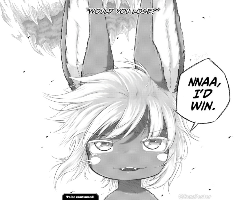 1other bune_poster english_text furry greyscale jujutsu_kaisen made_in_abyss meme monochrome nah_i'd_win_(meme) nanachi_(made_in_abyss) portrait solo speech_bubble to_be_continued whiskers white_background white_hair