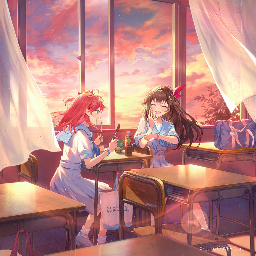2girls :d ^_^ album_cover bag blue_neckerchief blue_sailor_collar blue_wristband brown_hair chair classroom closed_eyes commentary_request company_name copyright_name cover curtains desk dusk hair_ornament haru_(hiyori-kohal) highres holding holding_pen holohoneygaoka_high_school_uniform hololive honeyworks indoors lens_flare looking_at_another multiple_girls neckerchief nightgown official_art pen pink_wristband pleated_skirt pointing pointing_at_another red_hair sailor_collar sailor_shirt sakura_miko school_bag school_chair school_desk school_uniform serafuku shirt sitting skirt smile star_(symbol) star_hair_ornament sunlight tokino_sora virtual_youtuber window