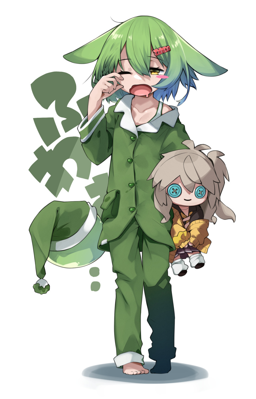 1girl absurdres animal_ears barefoot blush_stickers bobblehat buttons datemegane doll drooling ears_down green_hair green_headwear green_pajamas green_pants grey_hair hair_ornament highres holding holding_stuffed_toy kasukabe_tsumugi one_eye_closed open_mouth pajamas pants simple_background single_bare_shoulder sleepy solo stuffed_toy unworn_headwear voicevox walking white_background yellow_eyes zundamon