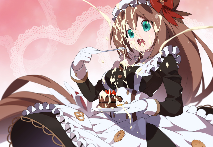 1girl apron black_dress breasts brown_hair bukkake cake commission cum cum_on_clothes cum_on_hair dress eating ejaculation facial food food_on_body food_on_breasts fork fruit gloves green_eyes hair_ribbon holding holding_fork iris_(mega_man) kaidou_zx long_hair medium_breasts mega_man_(series) mega_man_x_(series) mega_man_x_dive official_alternate_costume pixiv_commission ribbon solo strawberry valentine very_long_hair white_apron white_gloves white_headwear