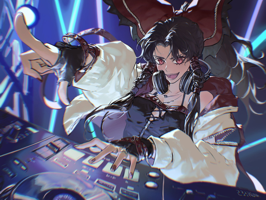 1girl :d aihara-rina alternate_costume alternate_hairstyle artist_name black_gloves black_shirt bow braid brown_hair commentary_request dj fingerless_gloves foreshortening gloves hair_bow hakurei_reimu headphones headphones_around_neck highres jacket jewelry long_hair long_sleeves looking_at_viewer mixing_console open_clothes open_jacket open_mouth parted_bangs pointing red_bow red_eyes red_nails ring shirt smile solo spaghetti_strap touhou twin_braids upper_body white_jacket