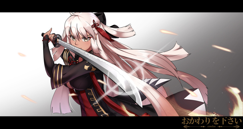 arm_guards artist_name black_coat black_ribbon commentary cowfee dark_skin english_commentary fate/grand_order fate_(series) glint hair_ornament hair_ribbon katana letterboxed long_hair okita_souji_(alter)_(fate) okita_souji_(fate)_(all) pink_hair ribbon solo sword tassel weapon yellow_eyes