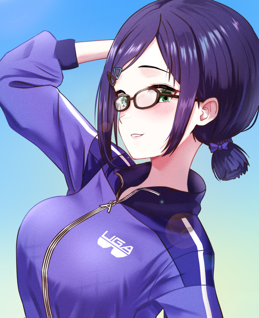 1girl a-chan_(3rd_costume)_(hololive) a-chan_(hololive) absurdres ar-khey arm_up black-framed_eyewear blue_hair blue_jacket blush breasts glasses green_eyes highres hololive jacket looking_at_viewer low_ponytail medium_breasts official_alternate_costume short_hair smile solo triangle_hair_ornament virtual_youtuber