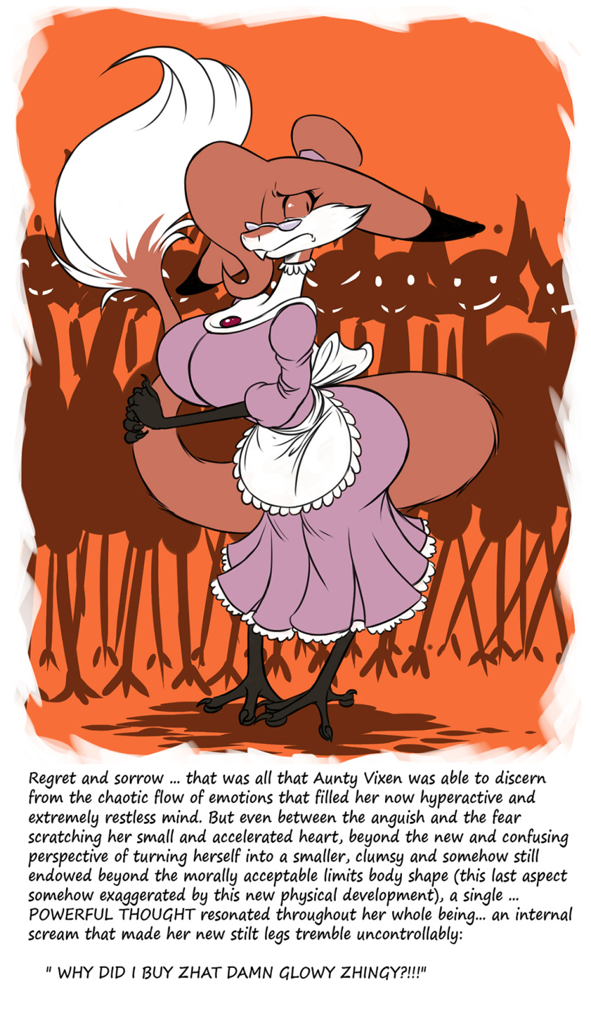 alternate_species anthro apron auntie_vixen big_breasts black_fur blush breasts buckteeth chochi claws clothed clothing dress english_text female fur out-of-placers red_eyes red_fur scared silhouette solo_focus spectacles teeth text white_fur yinglet